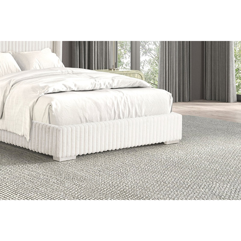Lit double moderne blanc en tissu de chenille de fourrure, base en bois d'ingénierie, compatible avec les matelas pour le revêtement de la chambre à coucher, la structure et la salle à manger