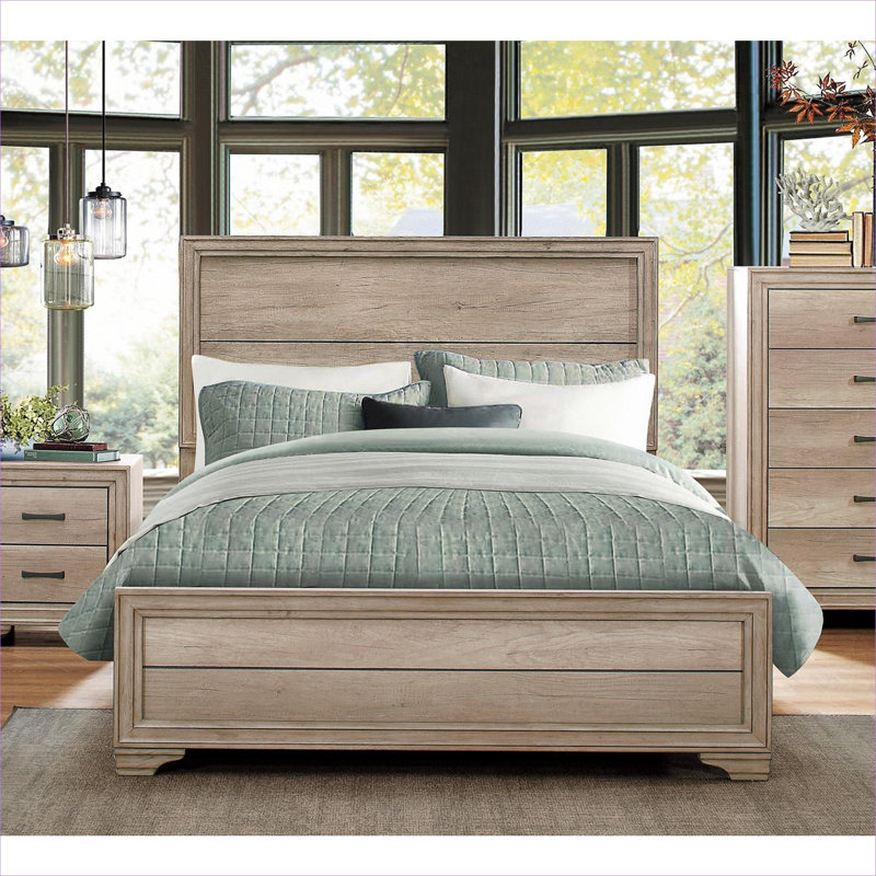 Full Size Bed Frame, Natural Finish Wood with Melamine Laminate for Contemporary Bedroom Use
