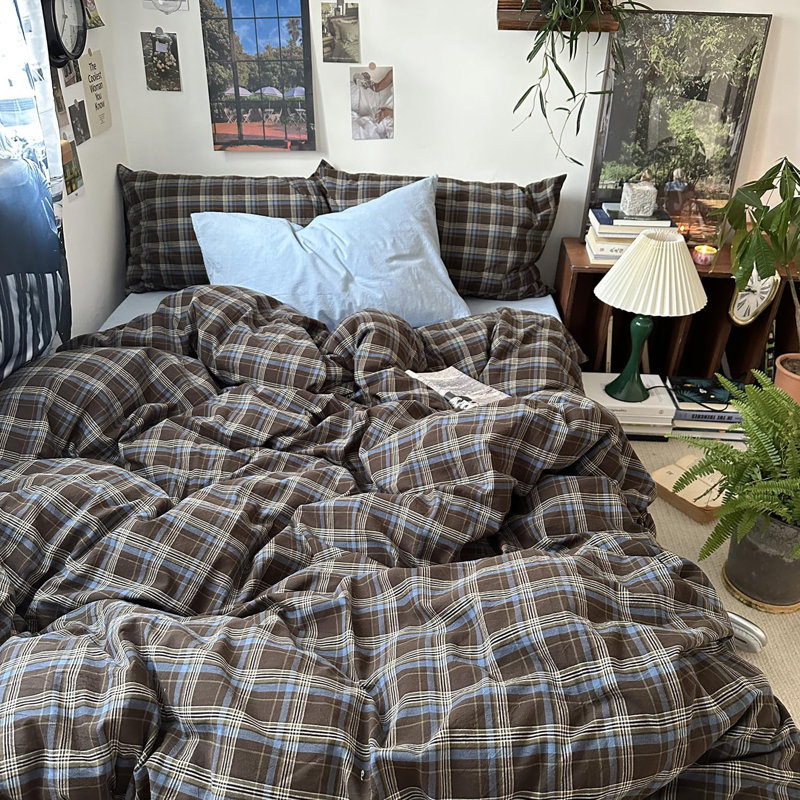 Vintage Brown & Blue Buffalo Plaid Duvet Cover Set Soft & Breathable Microfiber Duvet Cover With Pillowcases