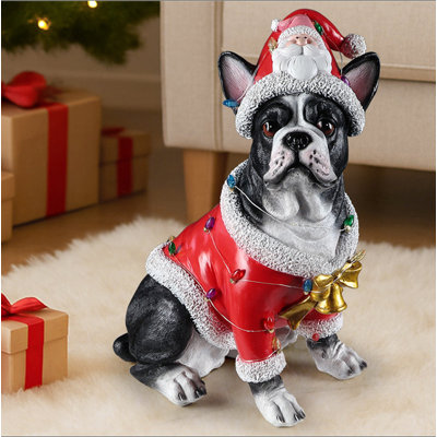 Statue de Noël bouledogue français de Noël, figurine de chien des Fêtes en tenue de père Noël