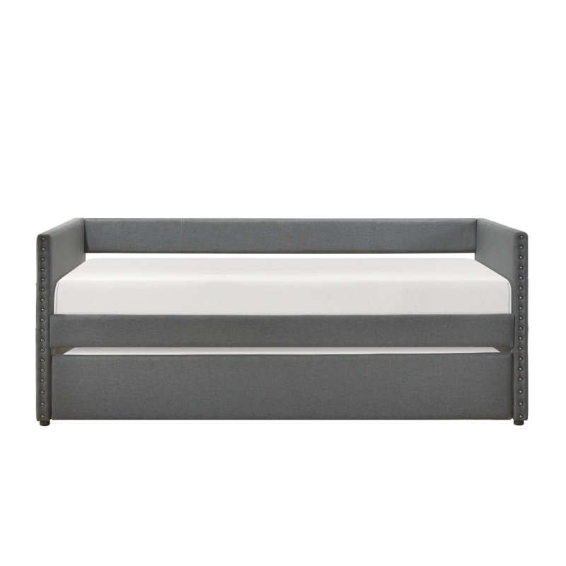 Modern Daybed Pull-Out Trundle Side Pockets Dark Gray Upholstery Nailhead Trim Bedroom Living Room Furniture, Dark Gray