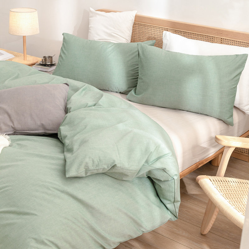 BESTOUCH Duvet Cover Set 100% Washed Cotton Linen Feel Lightweight, Full Duvet Cover + 2 Standard Pillowcases, Green