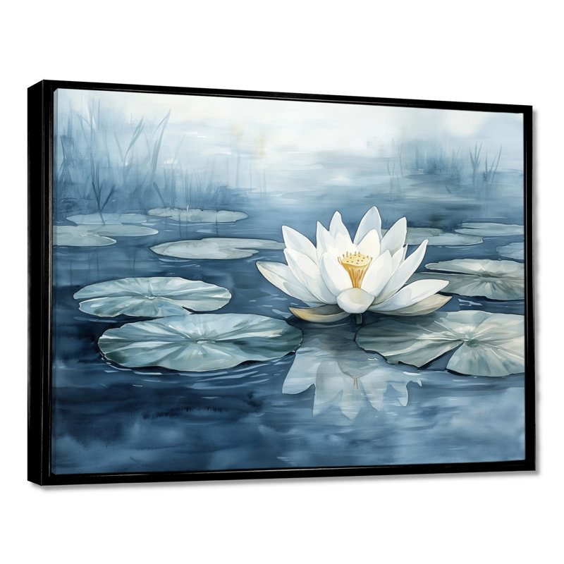 Impression sur toile White Lotus Calming Pond I - White Zen, H 24 po x l 32 po, Cadre flottant noir