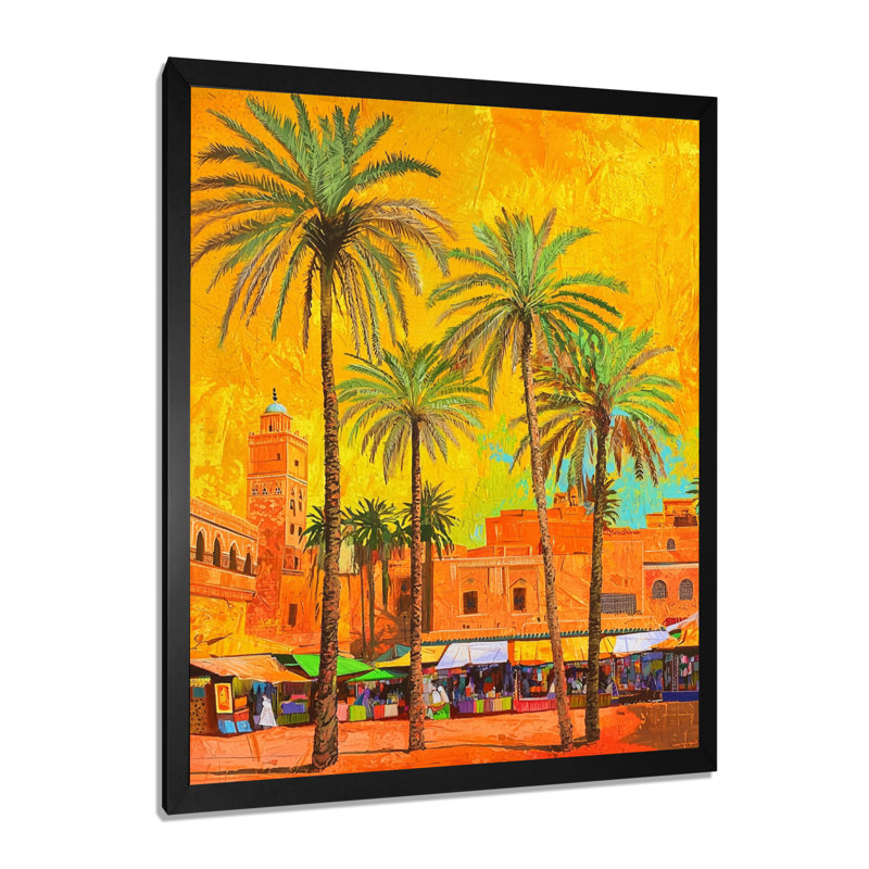 Désert, oasis, art marocain, paysage, H 20 po x l 12 po, Picture Framed Print, Noir