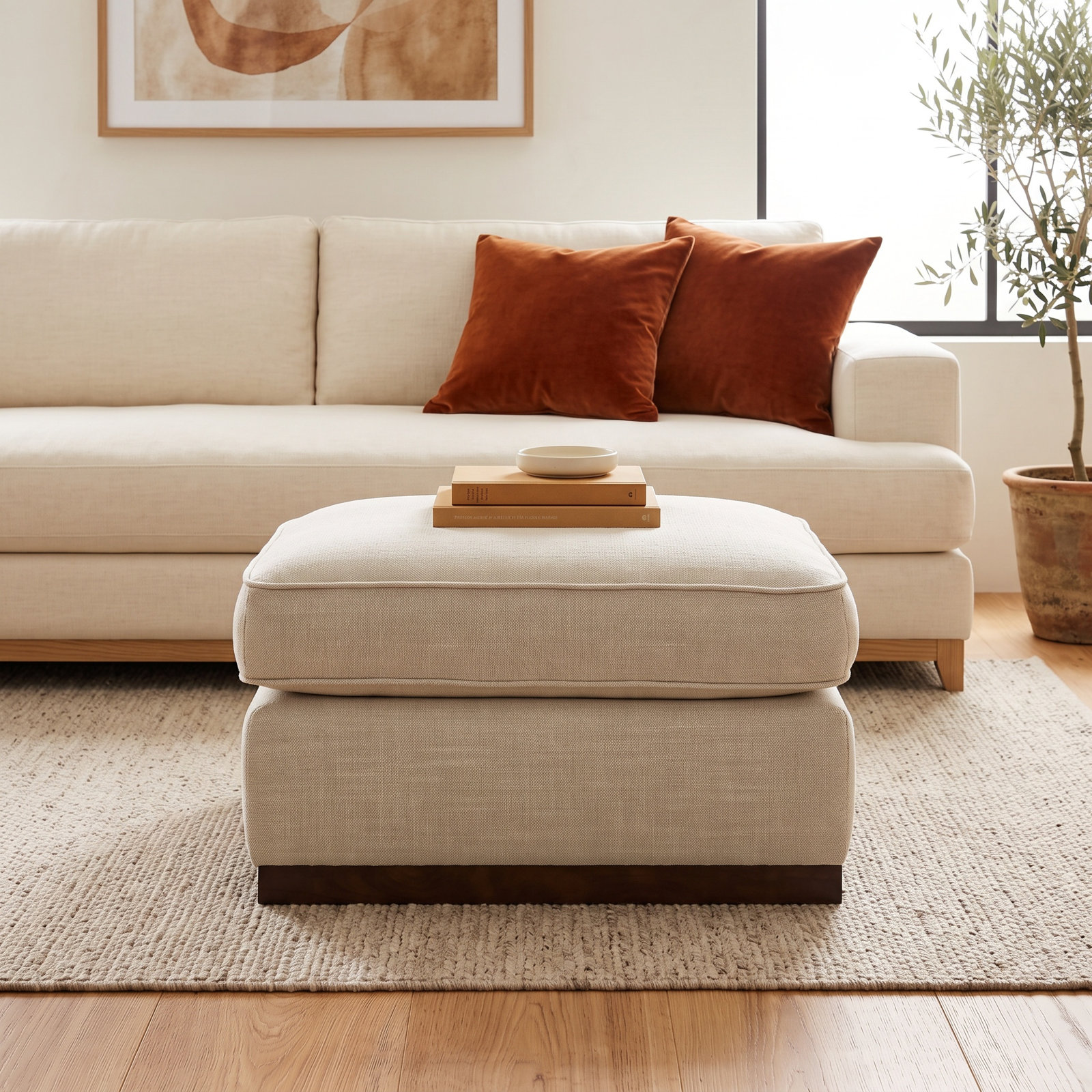 Bobbi 28" Upholstered Ottoman, Effie Linen Performance Weave