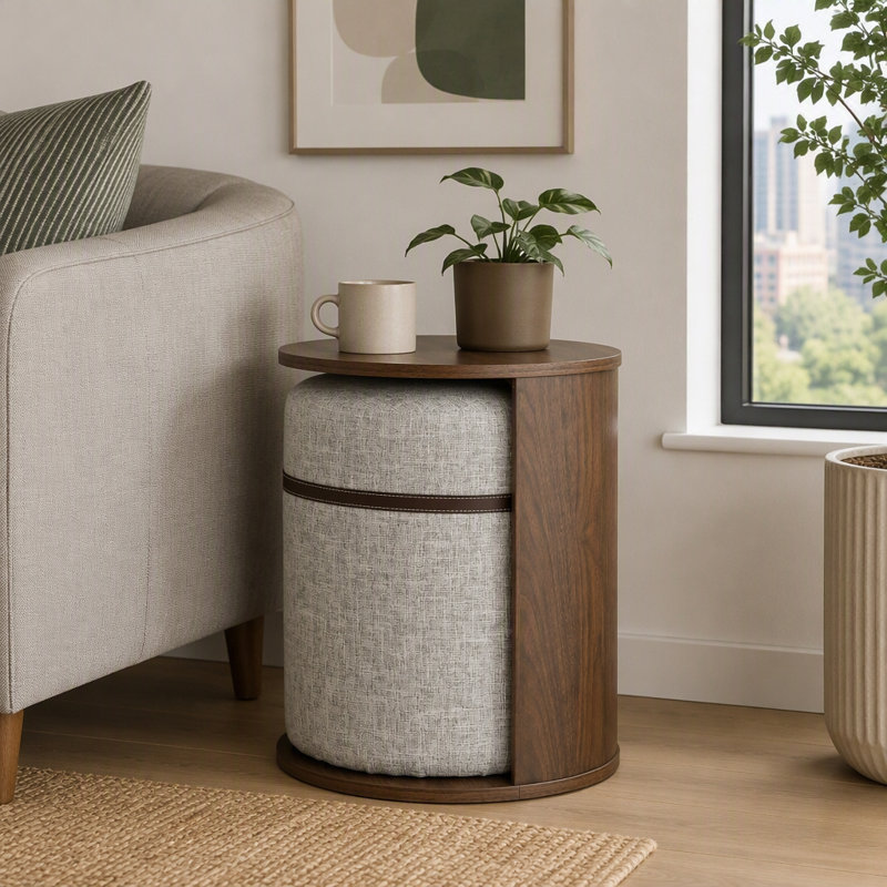 Table d'appoint gigogne coulissante avec rangement et tabouret assorti, ensemble de tables gigognes gain de place pour salon, couleur noyer et gris
