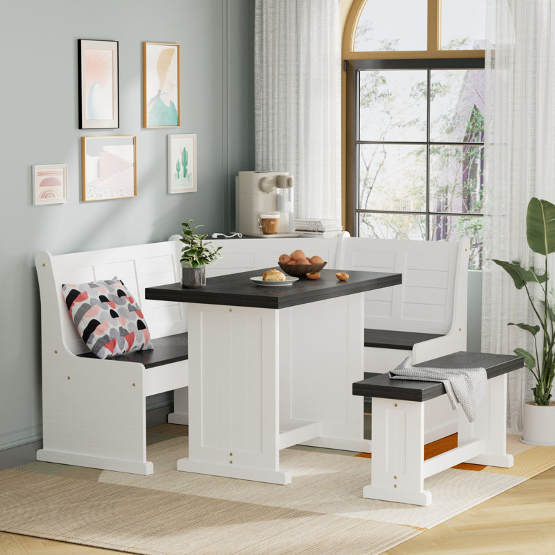 FSC Solid Pine L-shape Breakfast Nook Set Dining Corner Set With Charging, Storage & Reversible Bench (seats 3-5)