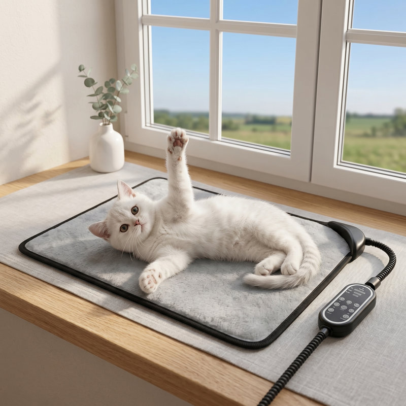Coussin chauffant pour chat Safe avec cordon résistant à la mastication, lit chauffant pour chat à induction automatique, température et temps réglables, gris clair, 17,7 po x 17,7 po