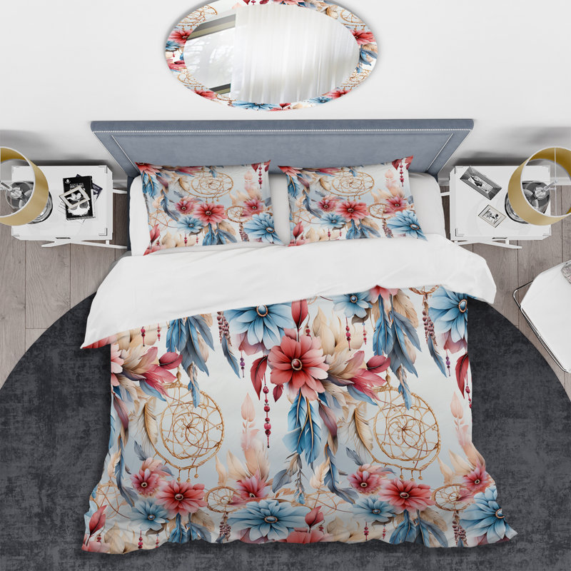Ensemble de housse de couette rose et bleu Dreamcatchers Boho, Housse de couette simple + 1 taie décorative stan