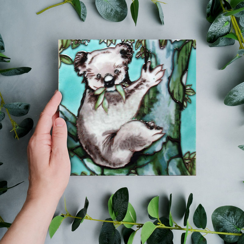 Hand-Painted Tropical Koala Bear Ceramic Art Tile Wall Décor