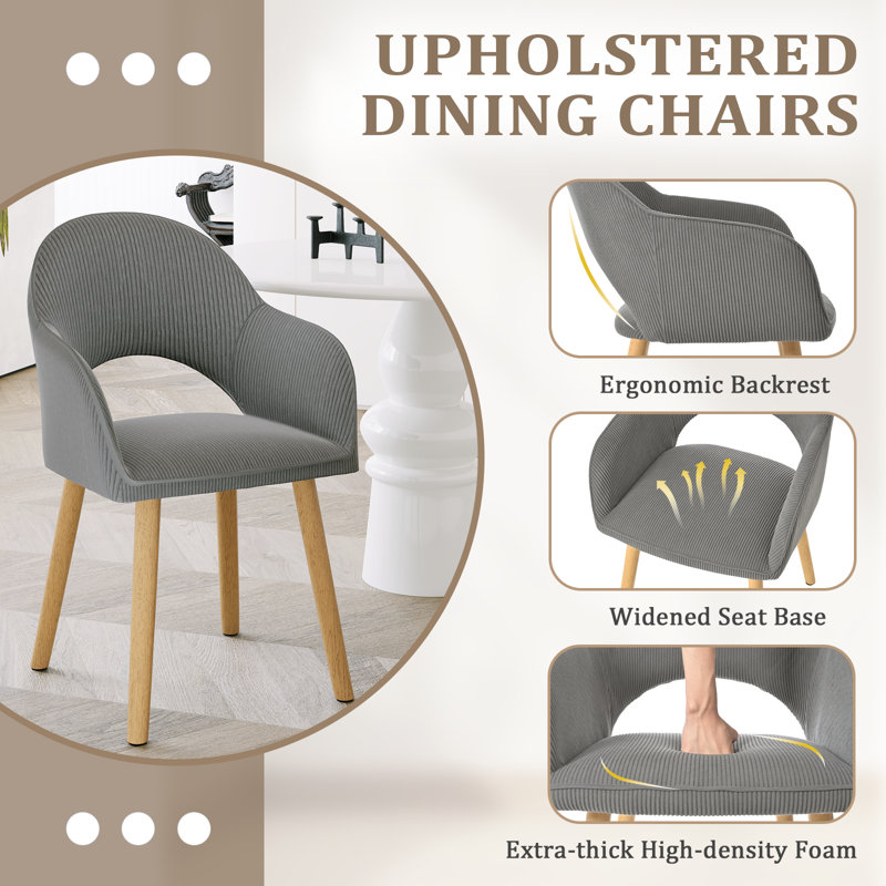 49.5cm H Luxury Fabric Upholstered Dining Chair with Wooden Legs, Dark Grey Corduroy/Natural, 2