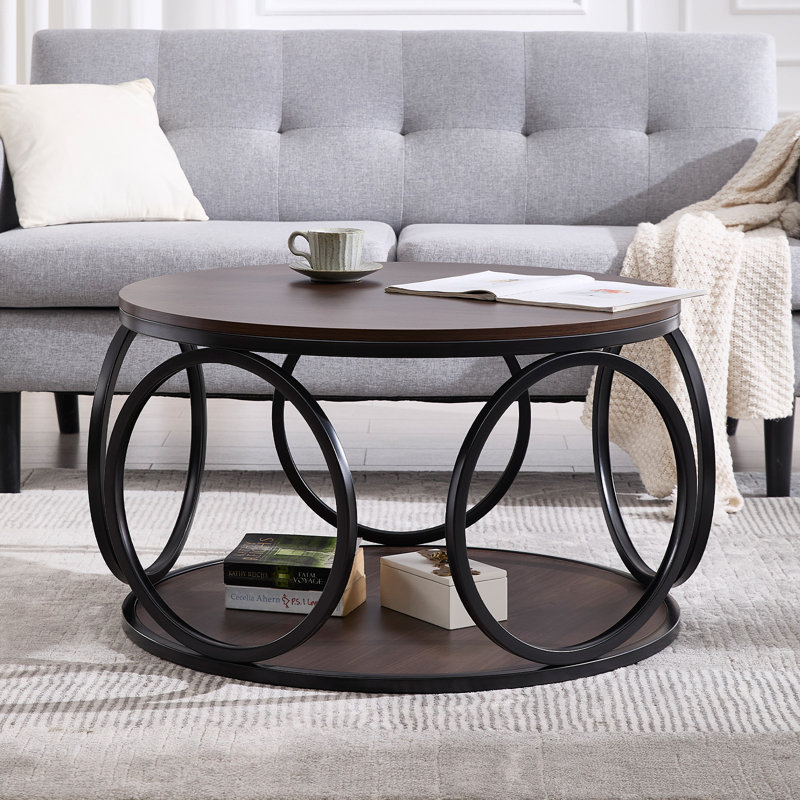 Carnforth 31.5" Round Coffee Table with 2-Tier Storage Shelves, Espresso Wood