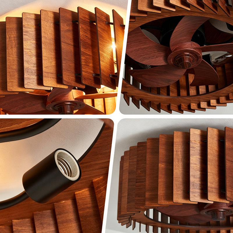 19 in. 4-Light Rustic Brown Wood Flush Mount Ceiling Fan with Light, Low Profile Fandelier with Remote E26 Base, Brown Wood