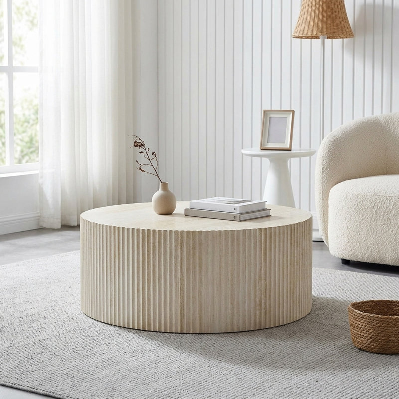 Table basse ronde moderne FFZ 35 po en faux travertin au design en relief attrayant et sans assemblage