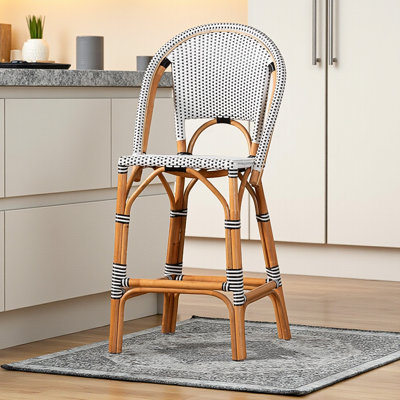 Concheta Rattan Bar Stool, Classic French 2-Tone Weaving, White/Brown 44.62'' H X 21.19'' W X 22.52'' D