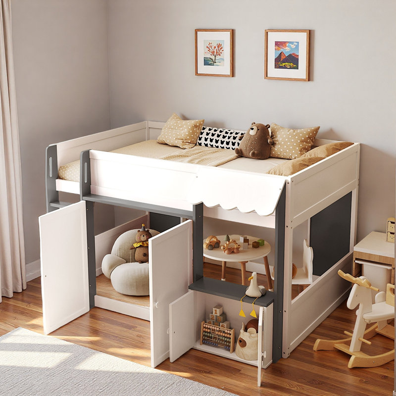 Lit mezzanine moderne avec maisonnette et rangement, Gris