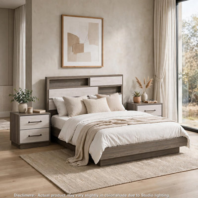 Ensemble de chambre à coucher King, rangement gris et nickel, ensemble 3 pièces avec 2 tables de chevet