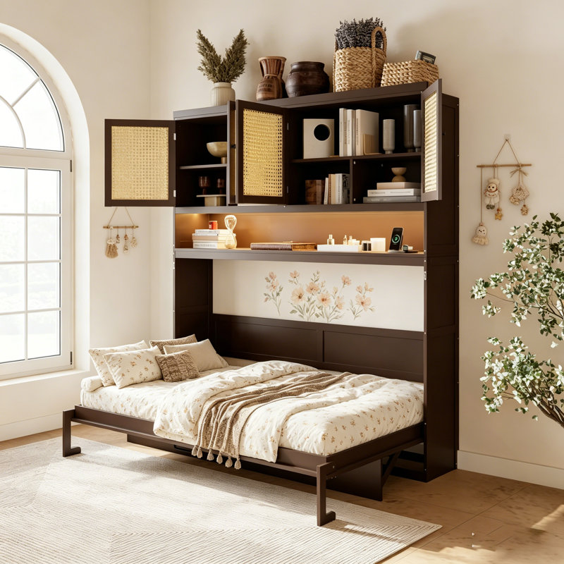 Lit escamotable simple avec armoire supérieure, lit pliable peu encombrant avec éclairage et port USB, Espresso