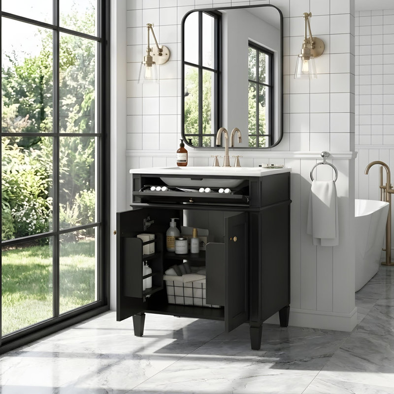 Meuble-lavabo de 24 po avec lavabo et rangement polyvalent, Noir