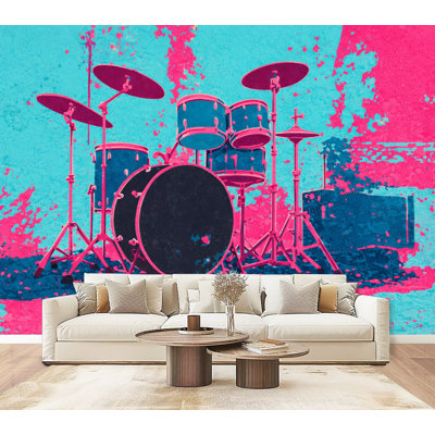 Papier peint à peler et coller, ensemble de batterie pour musique, instruments de musique rétro, ensemble de batterie, bandes, cymbales, peintures murales circulaires, H 69 po x l 96 po, papier mural amovible en PVC, adhésif, pour le salon, la chambre, le bureau à domicile