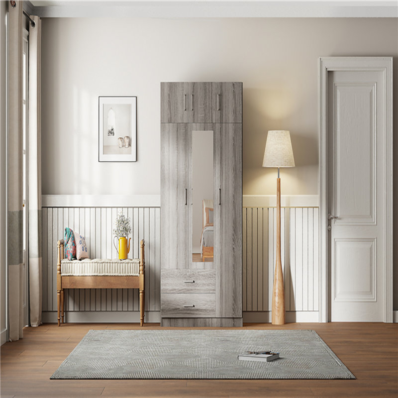 Armoire à miroir 3 portes avec 2 tiroirs et armoire supérieure, Gris