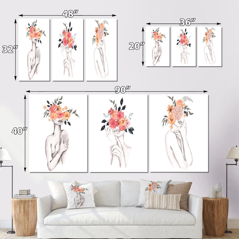 Silhouette de femme avec fleurs rouges et mauves, ensemble de 3 pièces glamour, H 32 po x l 48 po x P 1 po