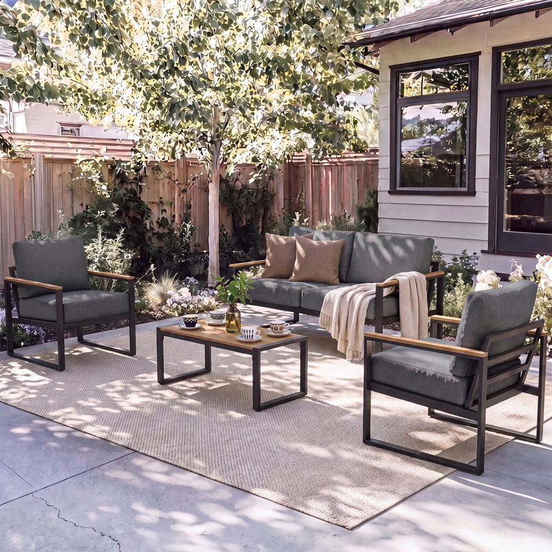 Ensemble de conversation extérieur 4 pièces pour patio avec cadre en acier robuste et assises profondes, Gris