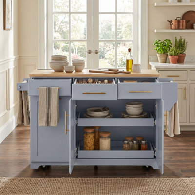 59.3" Gray Blue Kitchen Island with Storage 2 Pull Out Cabinet Organizers & Rubber Wood Drop Leaf, Rolling Kitchen Cart with Trash Can Storage, Power Outlet, Spice & Towel Rack for Kitchen, Dining Room
