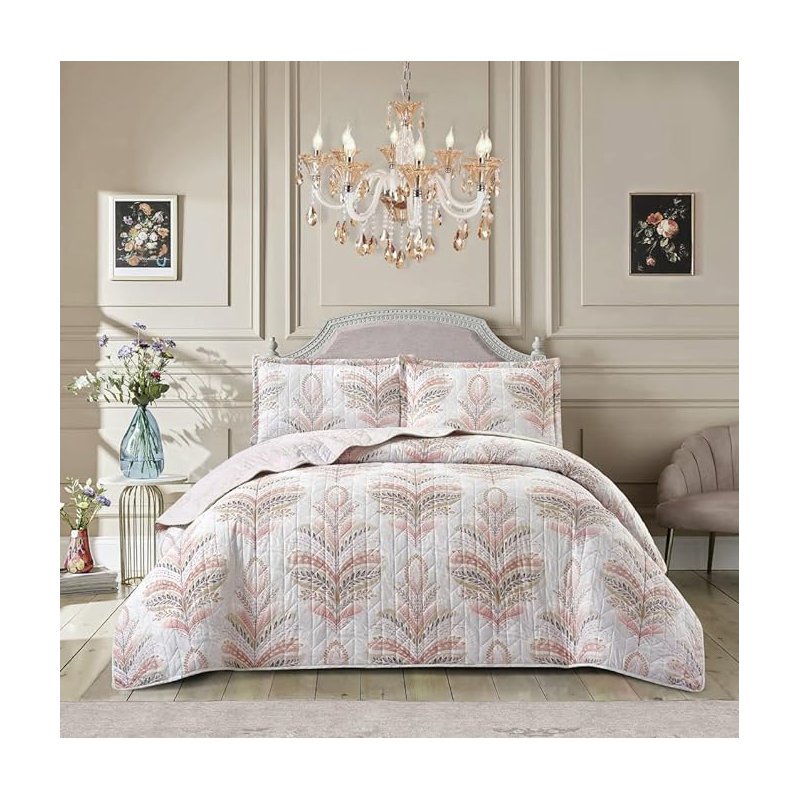 Andrena Microfiber Bedspread with Pillow Shams, Pink, Floral, Single Bedspread + 1 Standard Pillow Sham