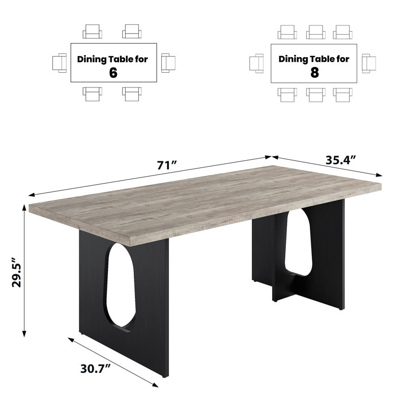 Table de salle à manger 71 "pour 6-8, table de cuisine rectangulaire moderne avec pieds à double piédestal robustes, Noir