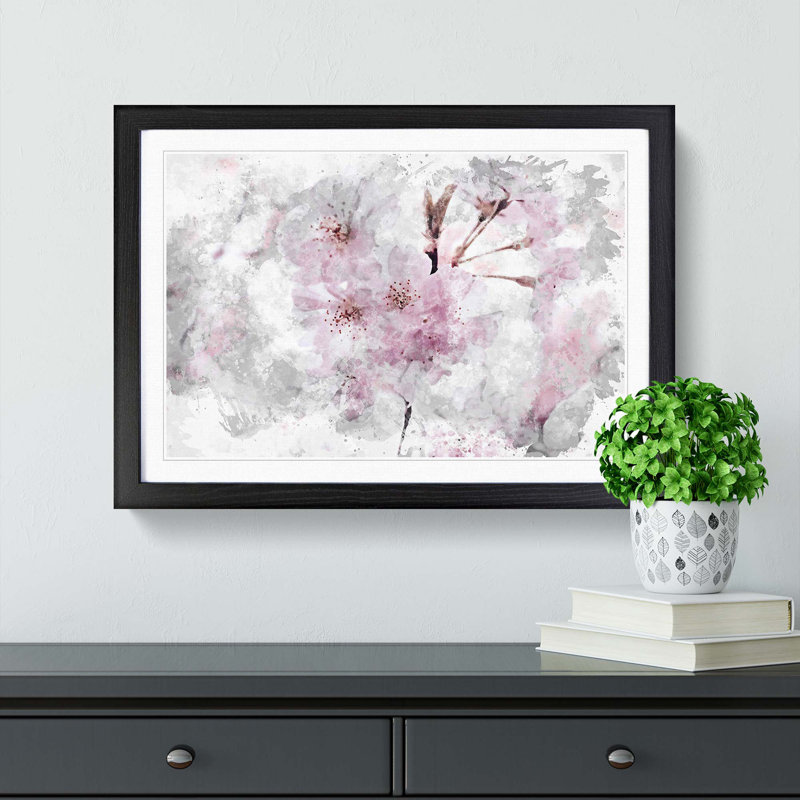 A Pretty Pink Cherry Blossom Tree in Abstract - Picture Frame Painting Print on MDF, 27cm H x 36cm W x 2cm D, Black Framed