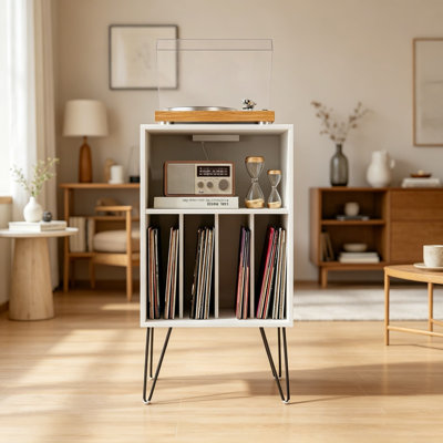 Record Player Stand with Charging Station, Turntable Stand with Metal Legs and Vinyl Record Storage for Up to 150 Albums, Cable Management and Built-In Power Strip with USB and Type-C Ports for Living Room and Bedroom