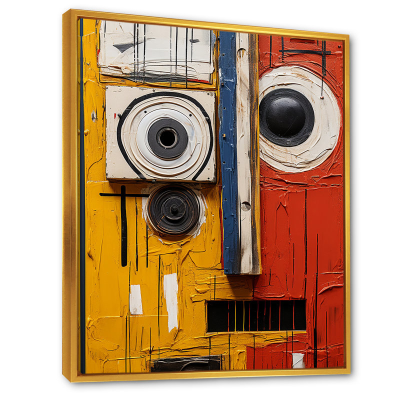 Soulèvement cubique robot jaune et rouge, Cadre flottant doré, H 44 po x l 34 po x P 1,5 po