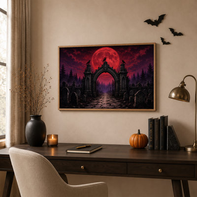 Porte de cimetière gothique avec corbeaux sous une lune rouge - Toile murale d'Halloween