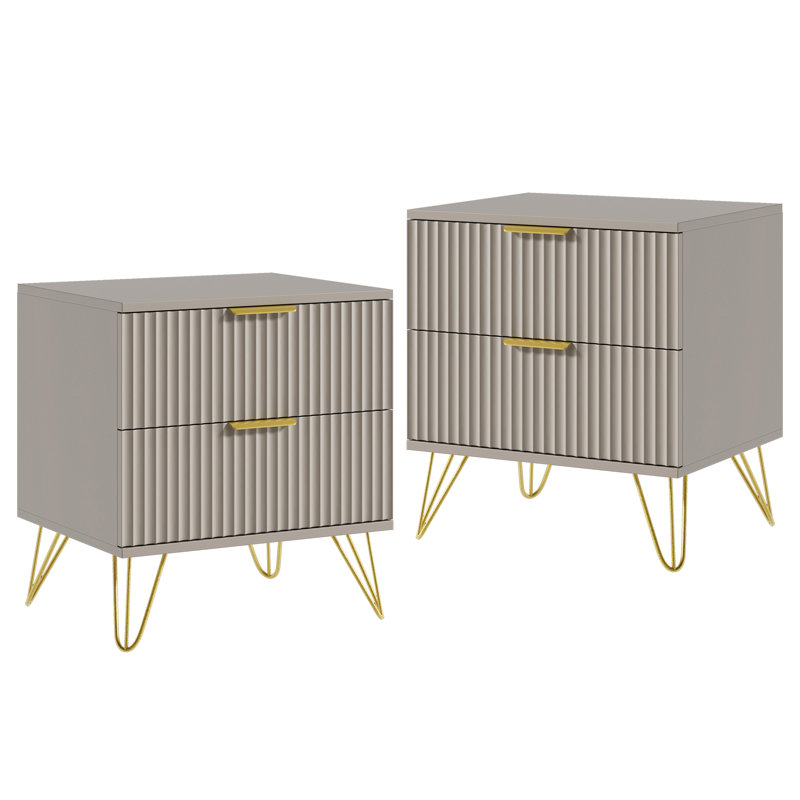 Table de chevet cannelée avec 2 tiroirs, Beige