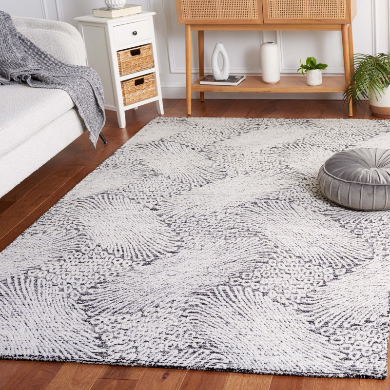 Tapis ivoire / noir en coton et laine touffetés à la main Dietwald, Rectangle 5 pi x 8 pi