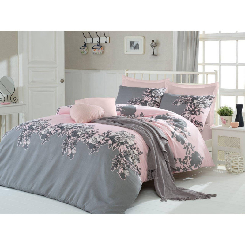 Ensemble de housse de couette double (3 pièces), poudre et gris, couette 78,7 po x 86,6 po | 65% coton / 35% polyester, lavable à la machine, 120 fils, fermeture à boutons et enveloppes | Literie douce et élégante pour les chambres confortables