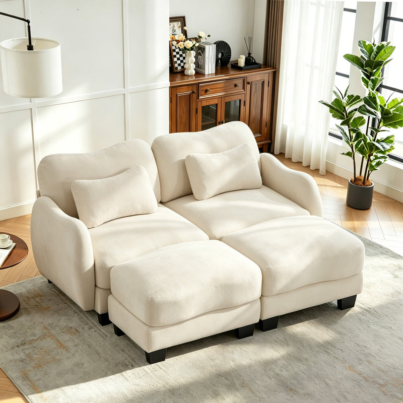 Canapé modulaire en chenille 70,8 po avec coussin et repose-pieds mobile, Beige Chenille