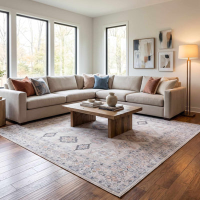 Tapis de sol bohème traditionnel gris/beige lavable à la machine Paket