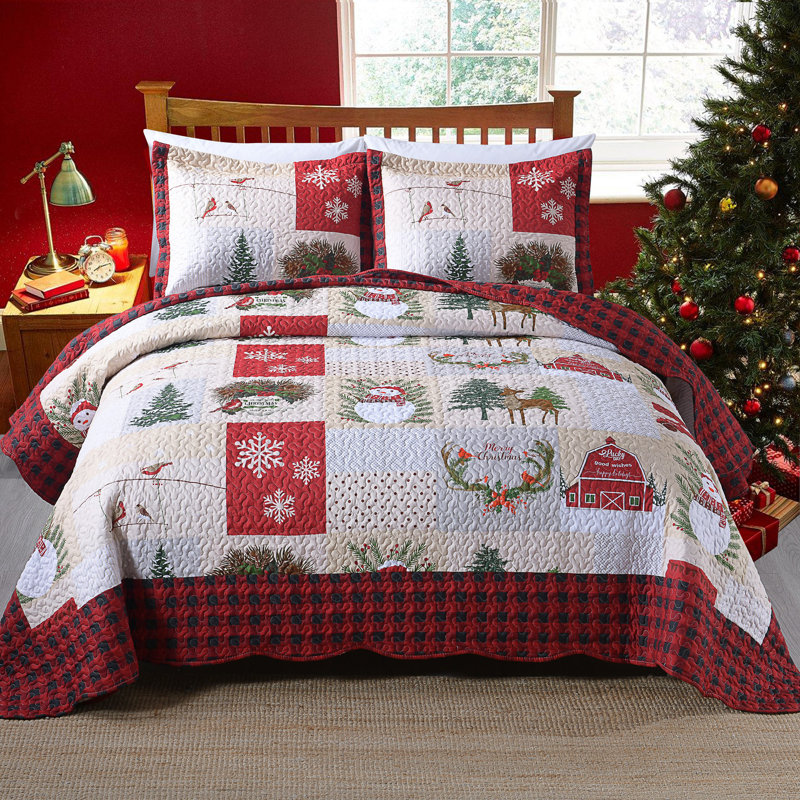 King Red Cotton Reversible Christmas Bedspread Set
