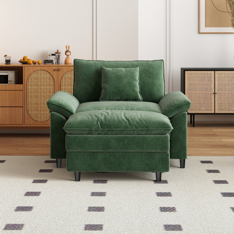 41.3” Wide Chenille Single Seater Sofa With 1 Ottoman, Green