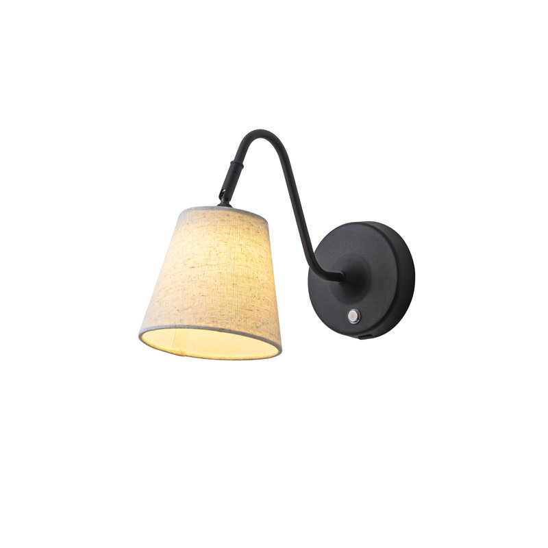 Applique murale à pile 1 lumière W6 de style Mid-Century noir à pile avec abat-jour en tissu beige à intensité variable et à intensité variable rechargeable