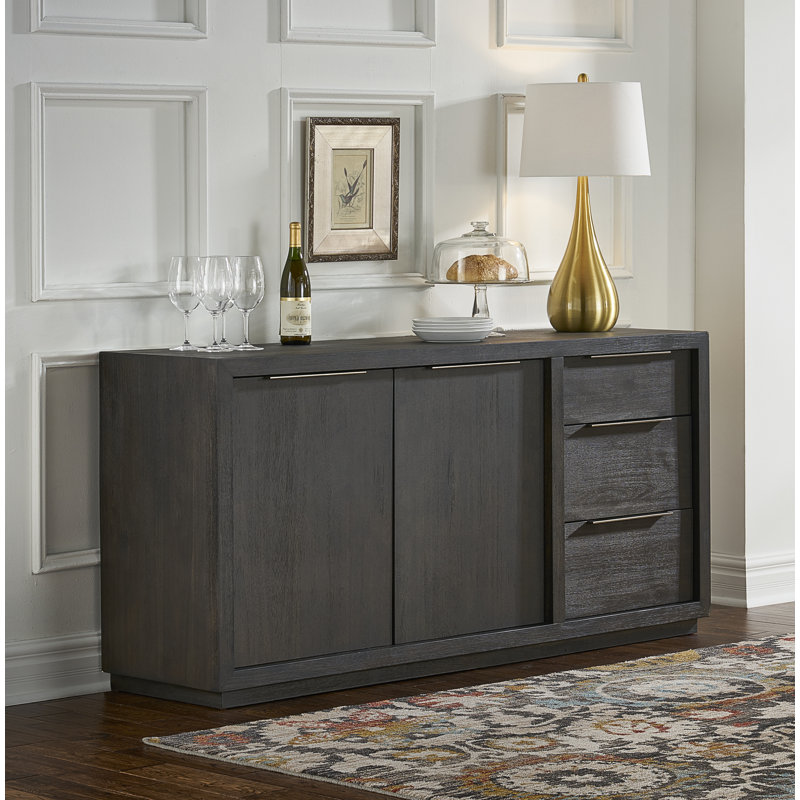 Buffet en bois d'acacia massif à 3 tiroirs Eloise, Gris basalte