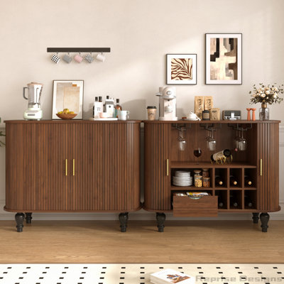 39" Fluted Liquor & Coffee Bar Cabinet with 6 Wine Racks and 3 Glass Holders, Mid-Century Modern Bar Cabinet with A Large Storage Drawer ,4 Hidden Storage Space on the Side