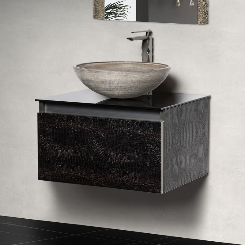 Meuble-lavabo simple avec comptoir, Crocodile foncé, 24", Verre trempé noir