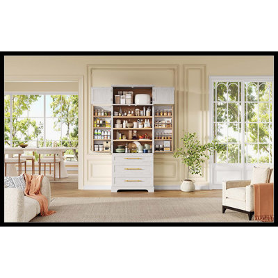 78.2" Tall Farmhouse Kitchen Pantry Cabinet With 8 Door Shelves, Storage Cabinet With 3 Adjustable Shelves, 3 Large Drawers, Versatile Cupboard For Ki