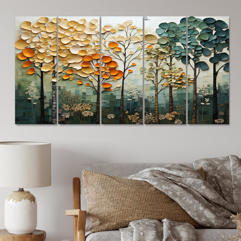 " Orange Green Trees Canopy Patchwork I " 5 - Pieces