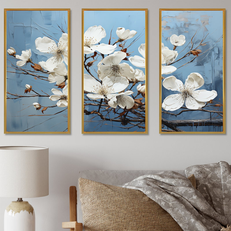 Ensemble de salon art mural cornouiller blanc, Cadre flottant doré, H 40 po x l 60 po x P 1 po