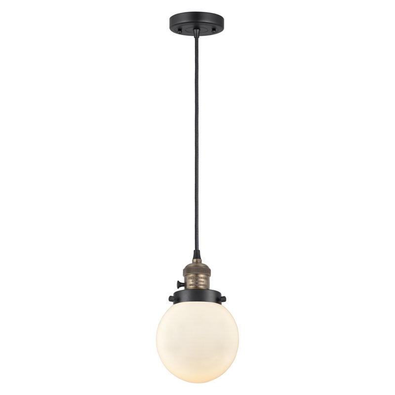 Luminaire suspendu sphère 1 lumière Lorri, Blanc mat, H 129,25 po x l 6 po x P 6 po, Laiton antique noir