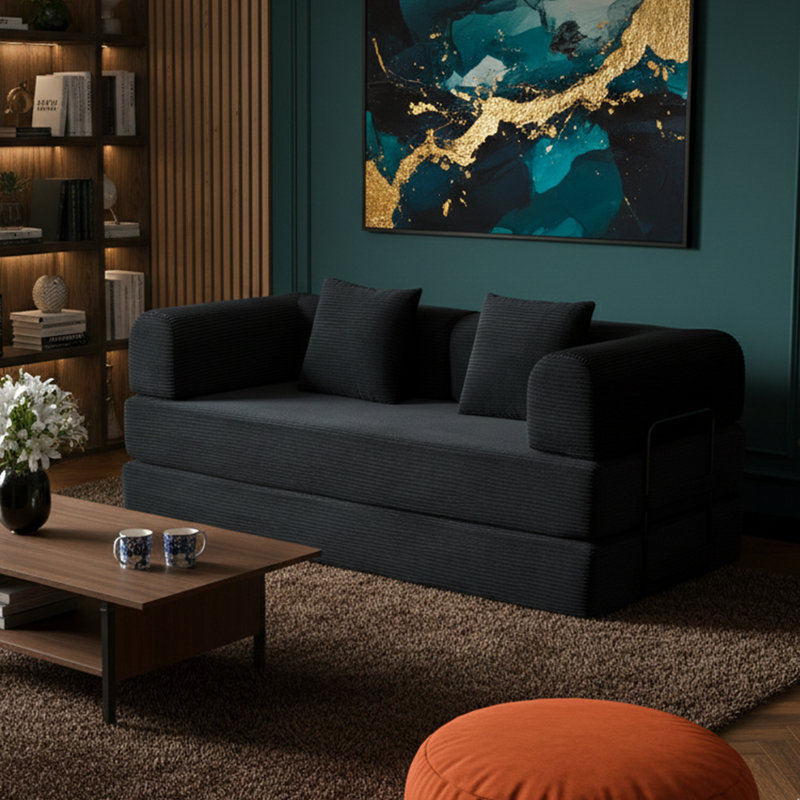Canapé-lit convertible 77,9 po avec coussin cylindrique - 4-en-1 - Velours côtelé noir, Noir